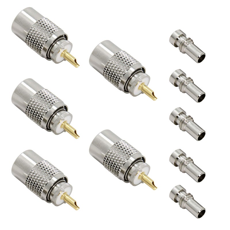 RFAdapter PL 259 Connectors, 5 Pack PL-259 UHF Male Solder Connector Plug with Reducer, Teflon Material 50ohm for RG59, RG8, RG8x, LMR-400, RG-213 Coaxial Cable Compatiable with Ham Radio Antenna - Image 1